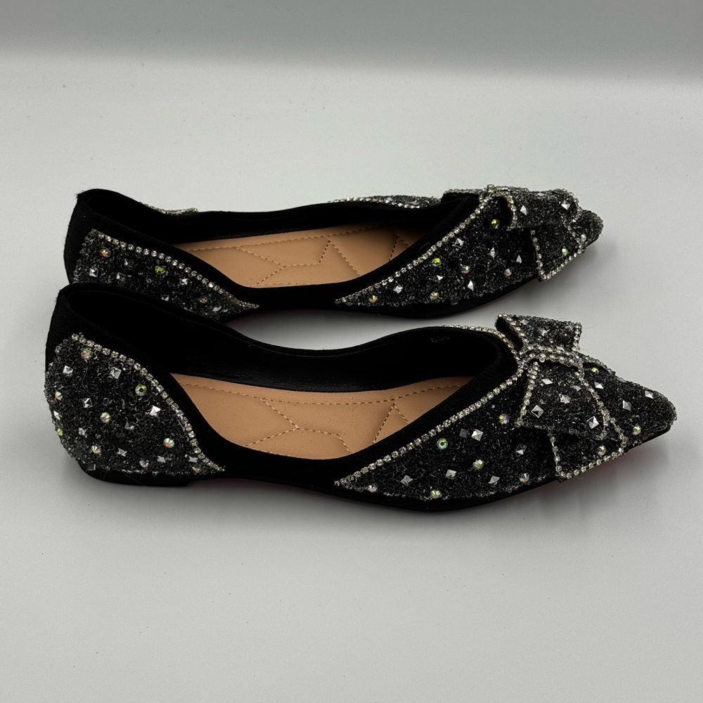Black Rhinestone Bow Flats – Women’s Size 9, Elegant Sparkle Shoes - Picture 4 of 5